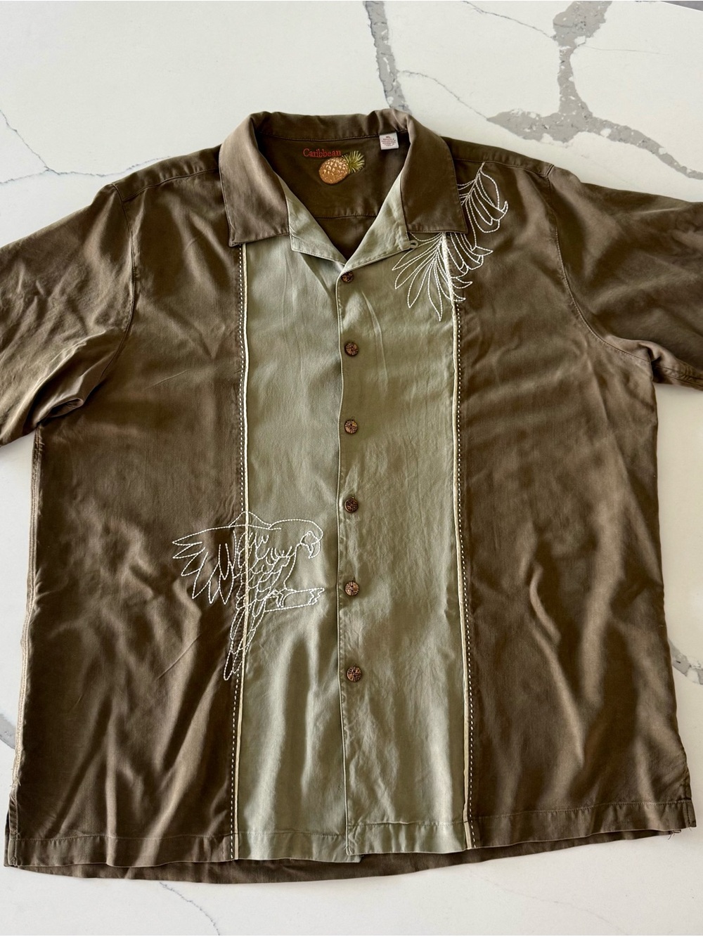 Caribbean Olive & Sage Short Sleeve Shirt with Parrot Embroidery